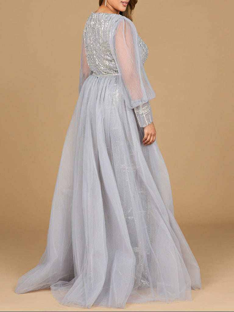 Long Sleeve Lace Gown with Removable Over Skirt