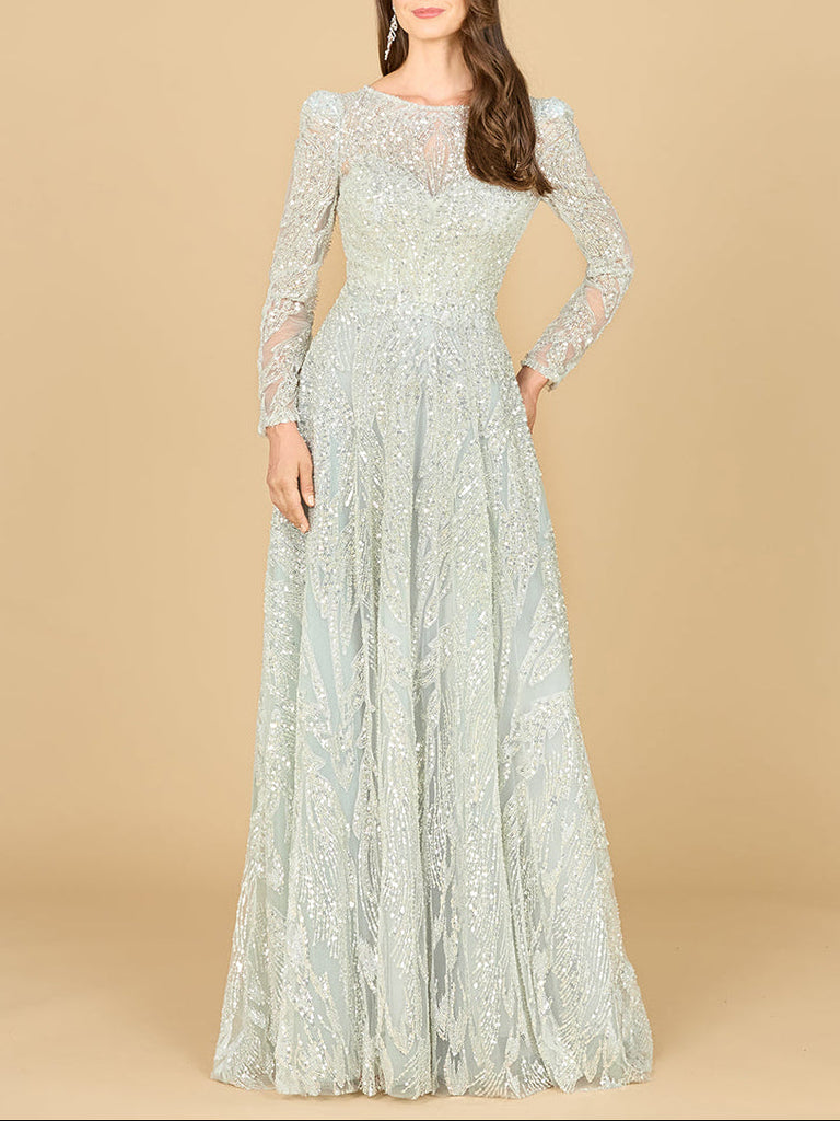 Long Sleeve Beaded Lace Gown