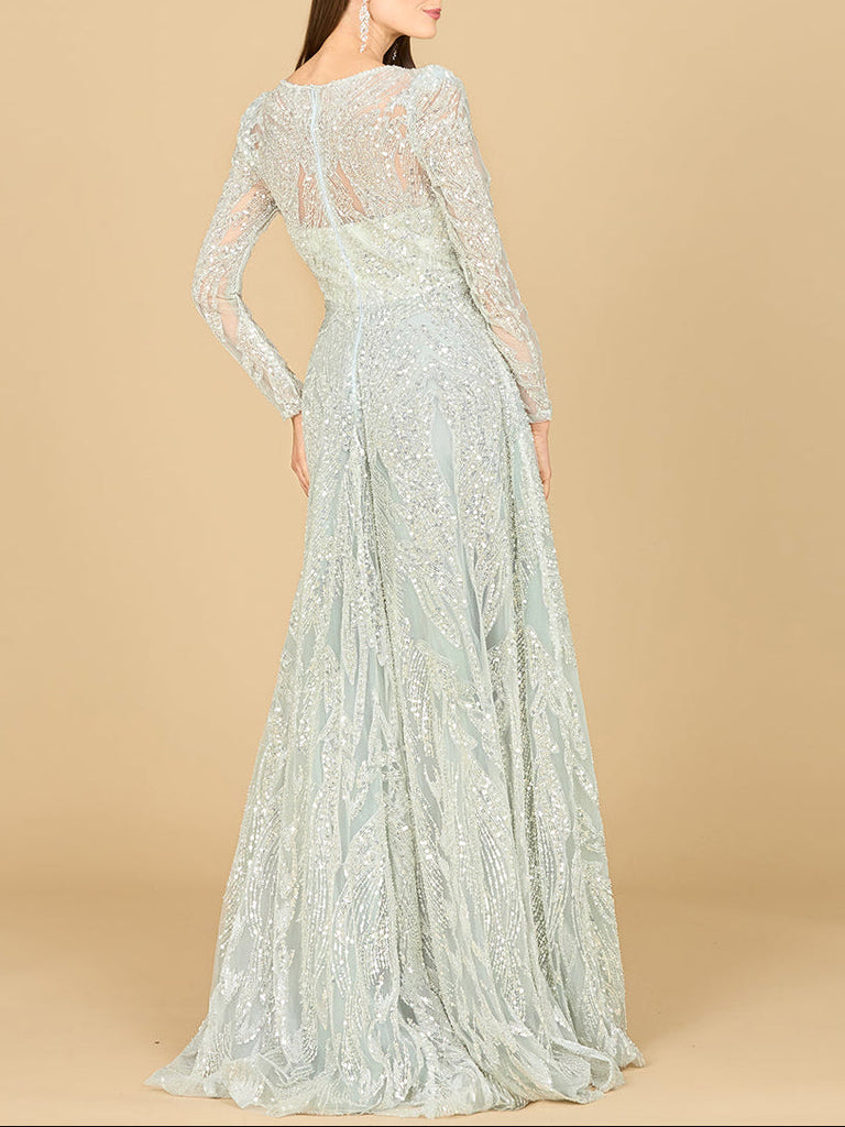 Long Sleeve Beaded Lace Gown