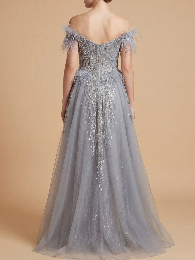 Off Shoulder Gown with Feathers