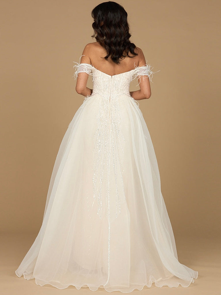Off Shoulder Gown with Feathers