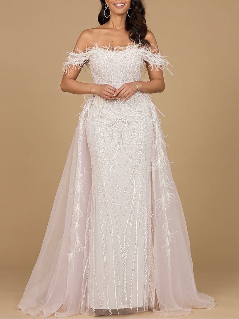 Off Shoulder Gown with Feathers