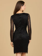 Load image into Gallery viewer, Classic V-Neck Beaded Long Sleeve Cocktail Dress  - OUTLET