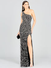 Load image into Gallery viewer, One-Shoulder Beaded Gown with High Slit