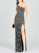 Load image into Gallery viewer, One-Shoulder Beaded Gown with High Slit