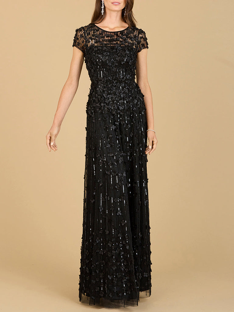 3D Floral Embellished Cap Sleeve Gown | 29181