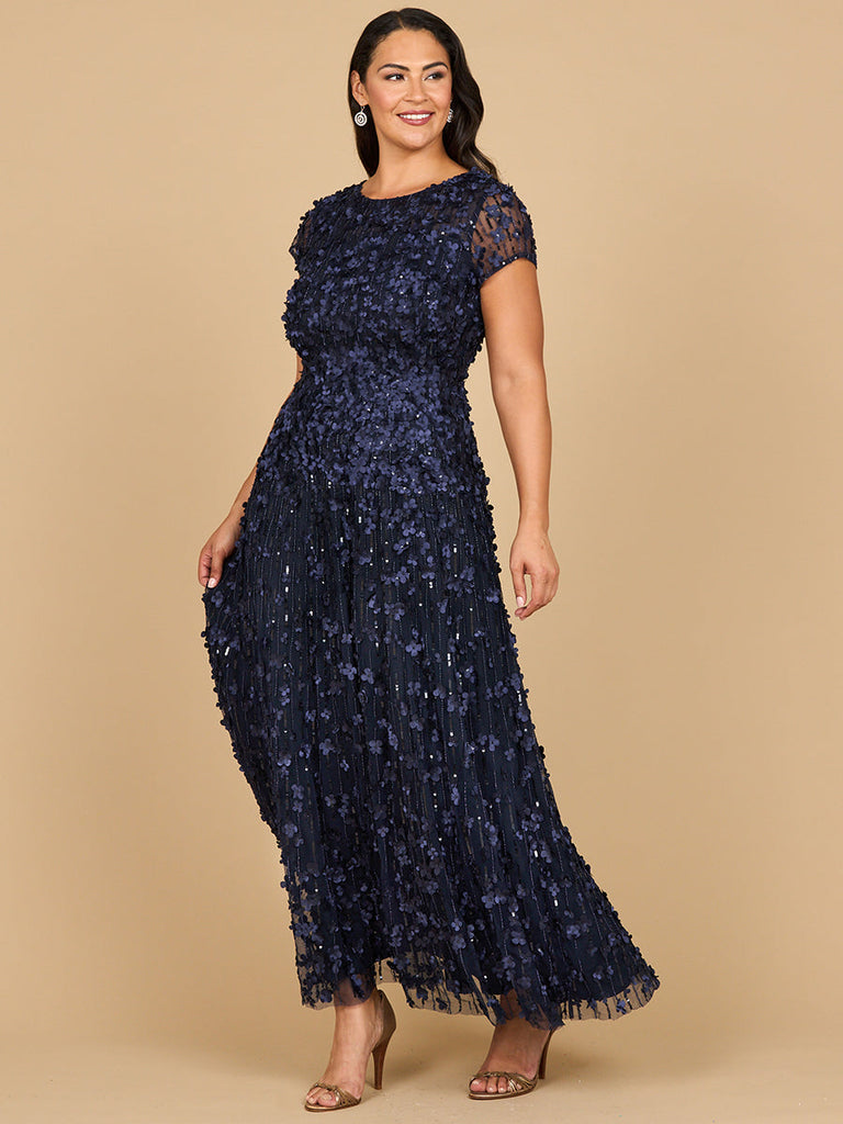 3D Floral Embellished Cap Sleeve Gown | 29181