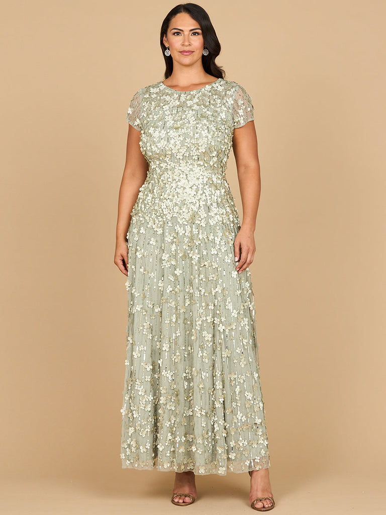 3D Floral Embellished Cap Sleeve Gown | 29181