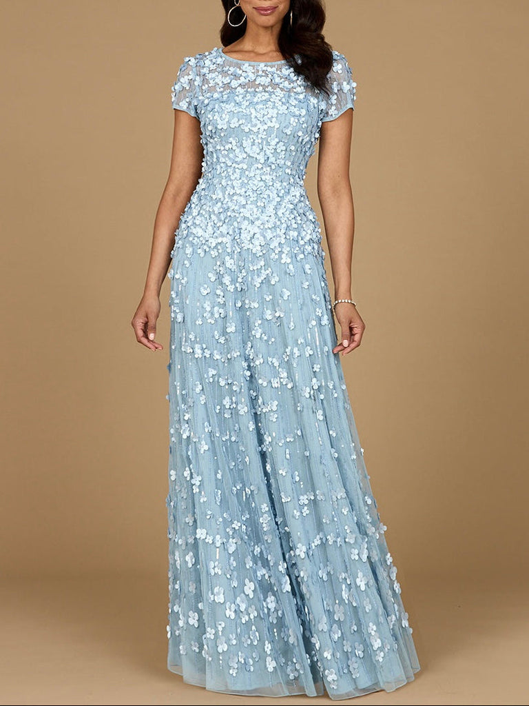 3D Floral Embellished Cap Sleeve Gown | 29181