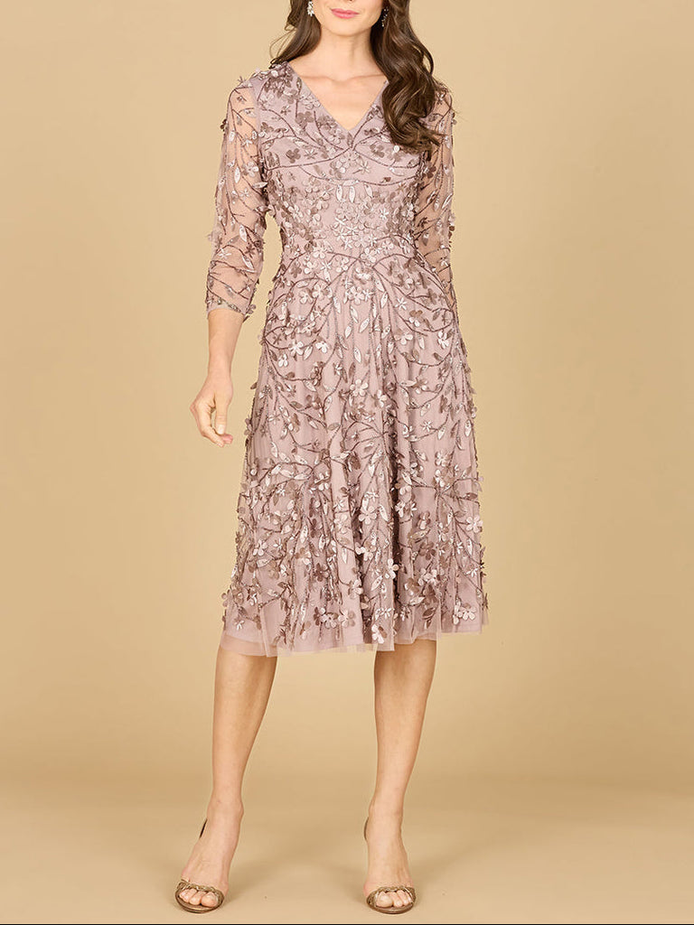 Flowing, 3D Embroidered Midi Dress with Sleeves