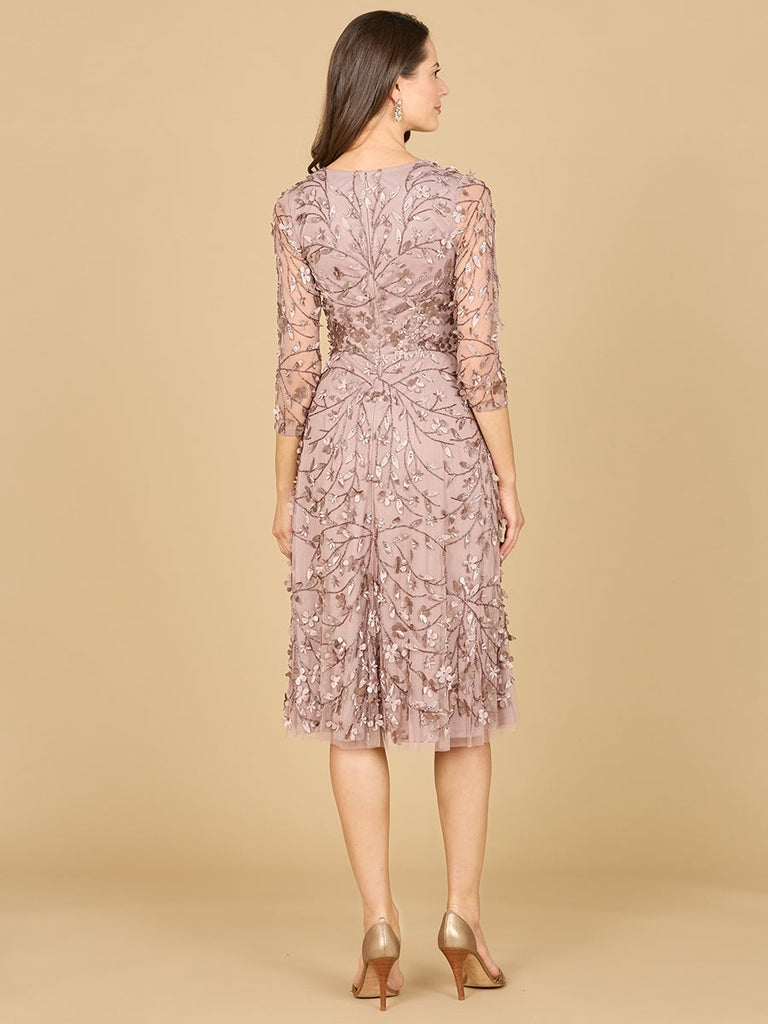 Flowing, 3D Embroidered Midi Dress with Sleeves