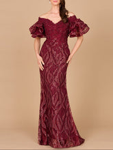 Load image into Gallery viewer, Off Shoulder Mermaid Beaded Gown with Tiered Sleeves