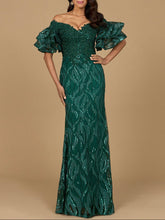 Load image into Gallery viewer, Off Shoulder Mermaid Beaded Gown with Tiered Sleeves