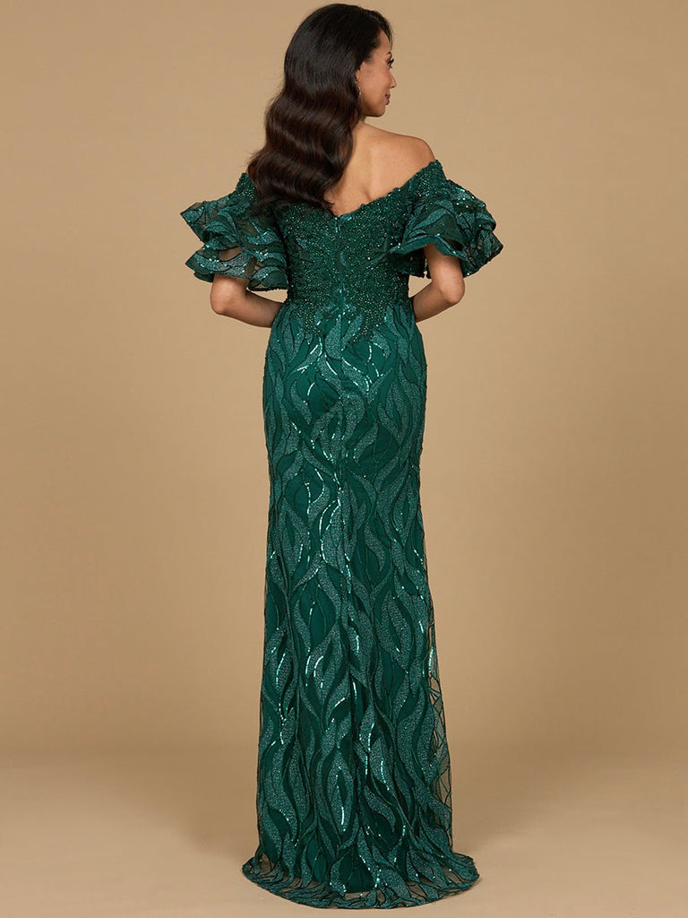 Off Shoulder Mermaid Beaded Gown with Tiered Sleeves