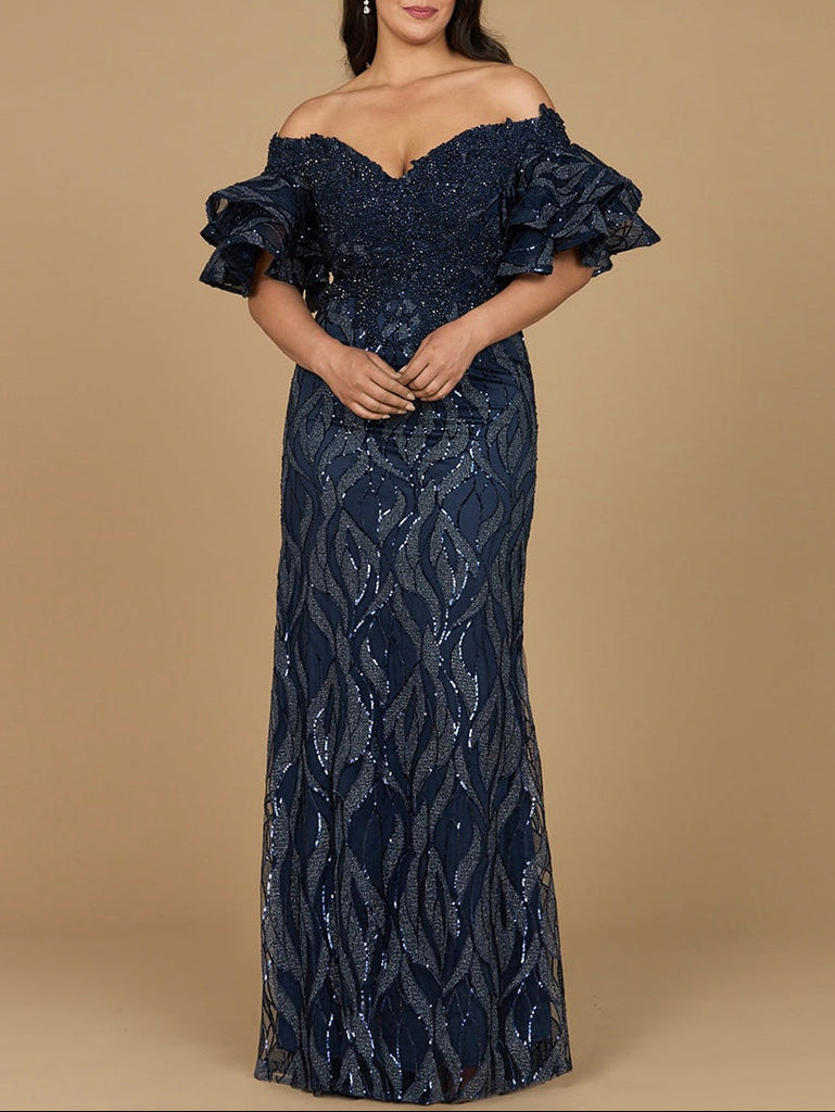 Off Shoulder Mermaid Beaded Gown with Tiered Sleeves