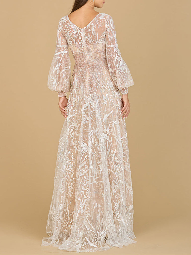 V Neckline Long Sleeve Gown