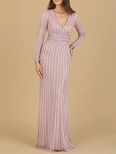 Load image into Gallery viewer, Long Sleeve V-Neck Beaded Gown