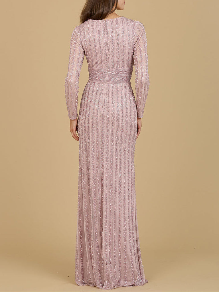 Long Sleeve V-Neck Beaded Gown