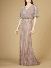 Load image into Gallery viewer, Cape Sleeve V-Neck Gown with Geometric Beading