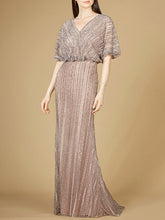 Load image into Gallery viewer, Cape Sleeve V-Neck Gown with Geometric Beading