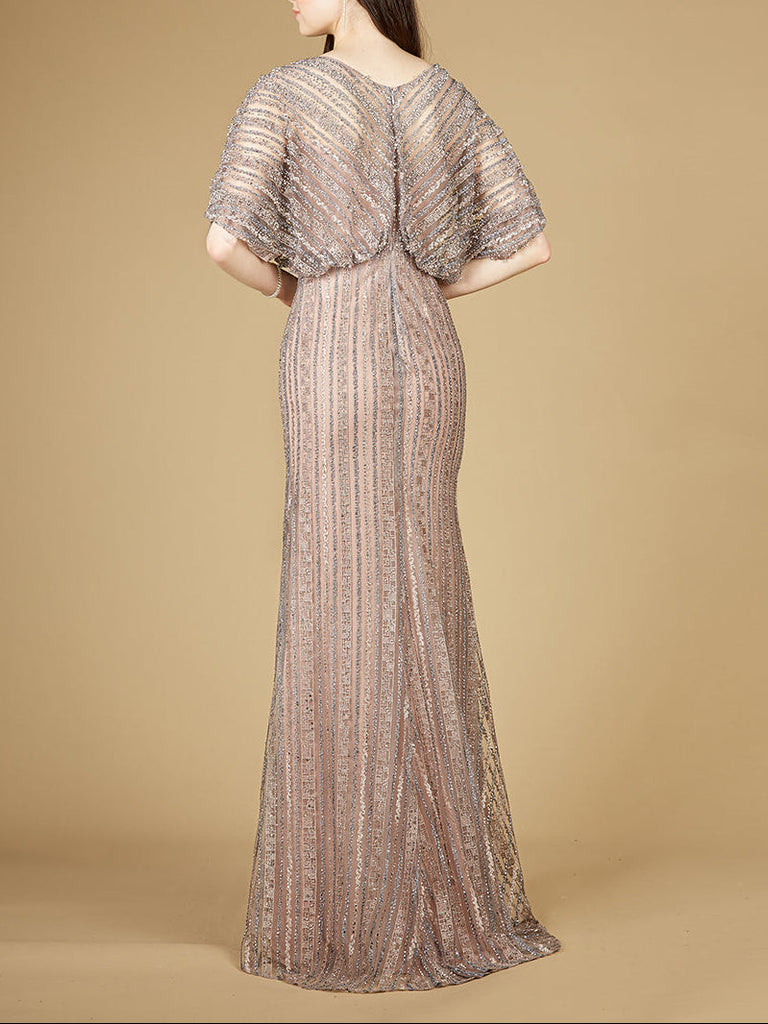 Cape Sleeve V-Neck Gown with Geometric Beading