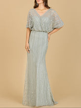 Load image into Gallery viewer, Cape Sleeve V-Neck Gown with Geometric Beading