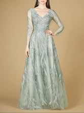 Load image into Gallery viewer, Long Sleeve Lace Ballgown with V-Neck