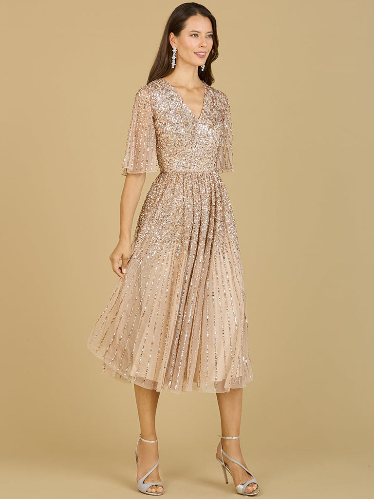Flowing, Sequin Midi Dress with Short Sleeves | 29221
