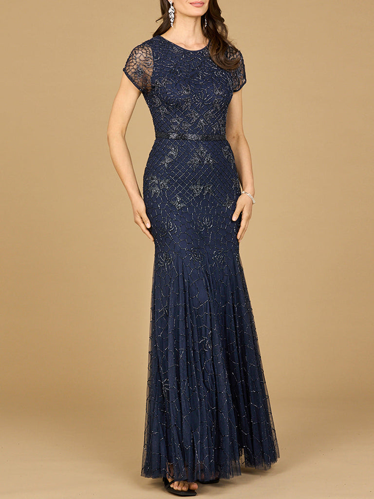 Beaded Mermaid Cap Sleeve Gown