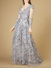 Load image into Gallery viewer, A-line Gown With Long Sleeves, V-Neckline