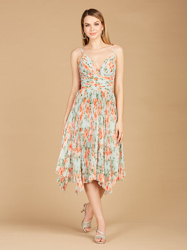V-Neck Printed Midi Length Dress with Pleats - OUTLET
