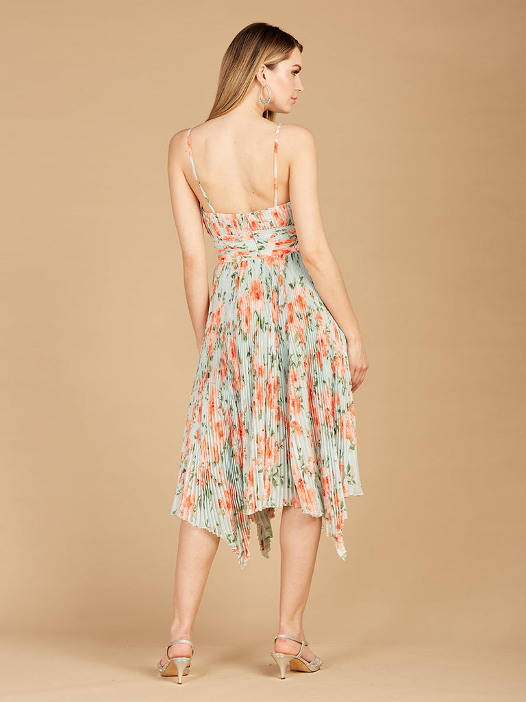 V-Neck Printed Midi Length Dress with Pleats - OUTLET