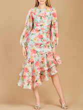 Load image into Gallery viewer, High Neck, Lace Up, Long Sleeve Printed Midi Dress - OUTLET