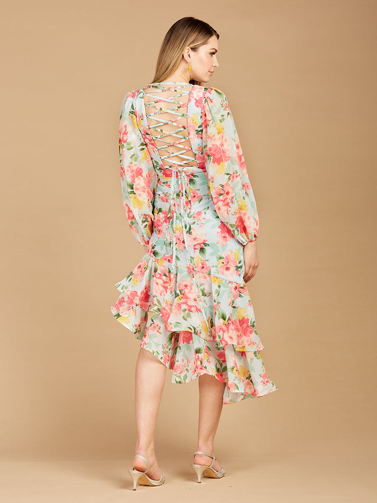 High Neck, Lace Up, Long Sleeve Printed Midi Dress - OUTLET