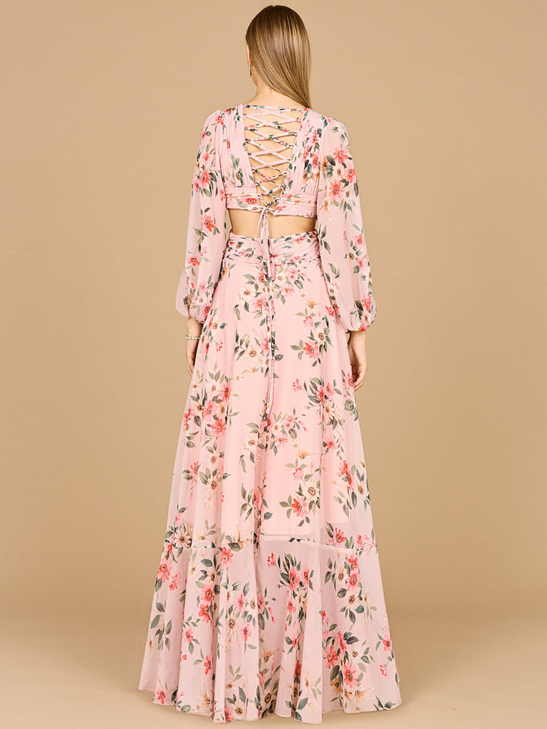 Long Sleeve V-Neck, Layered Skirt Print Dress- OUTLET