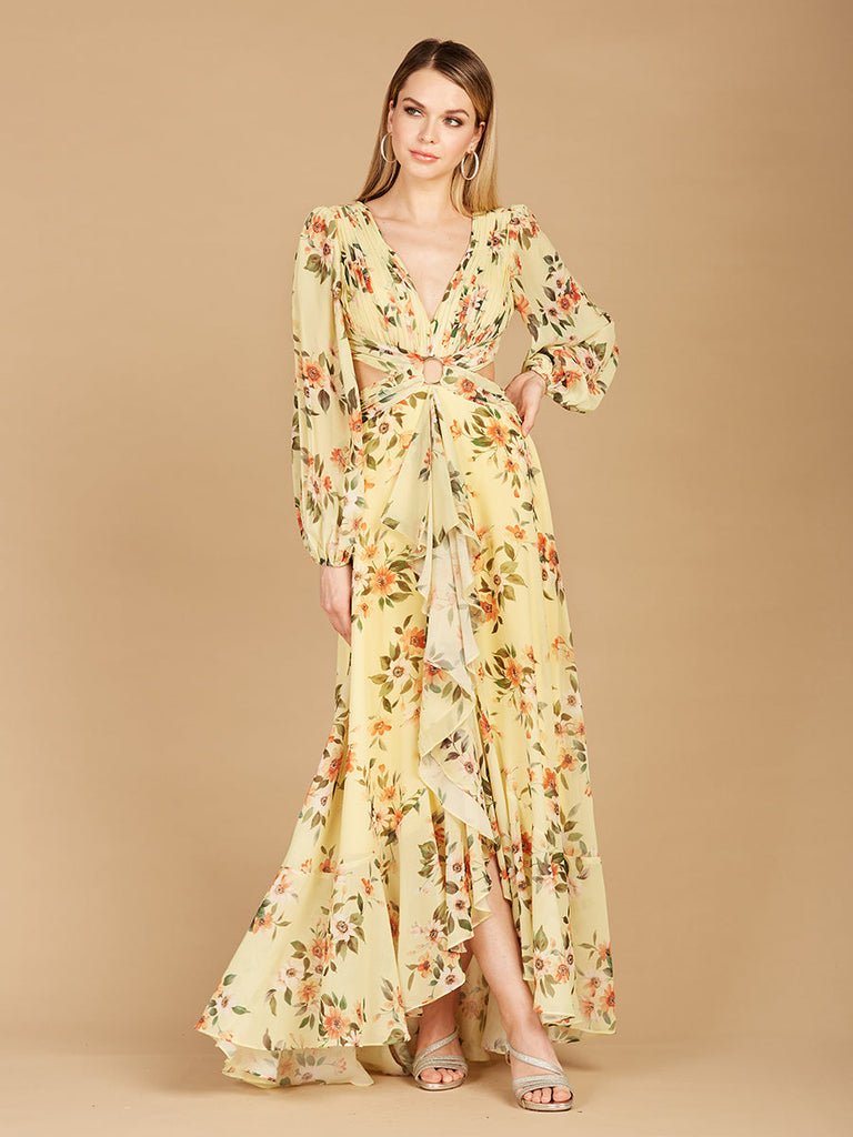 Long Sleeve V-Neck, Layered Skirt Print Dress- OUTLET