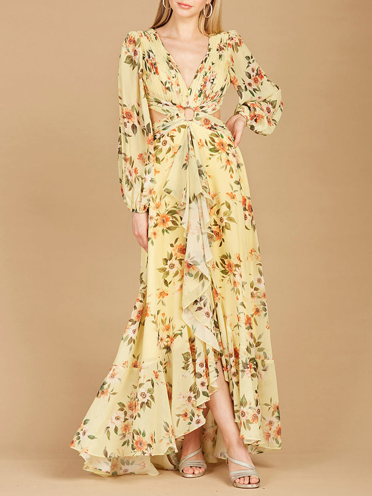 Long Sleeve V-Neck, Layered Skirt Print Dress- OUTLET
