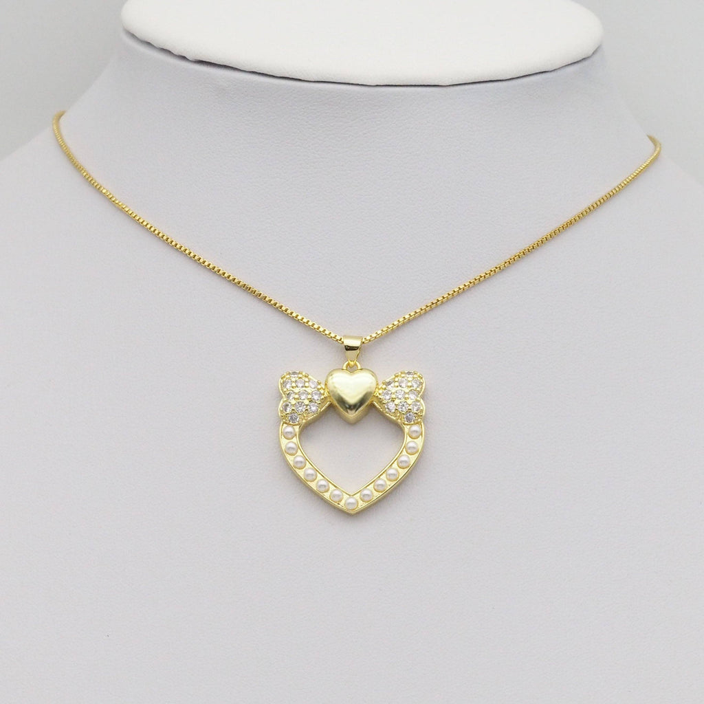 Gold CZ Bow Heart Pearl Around Charm, Sku#LK882