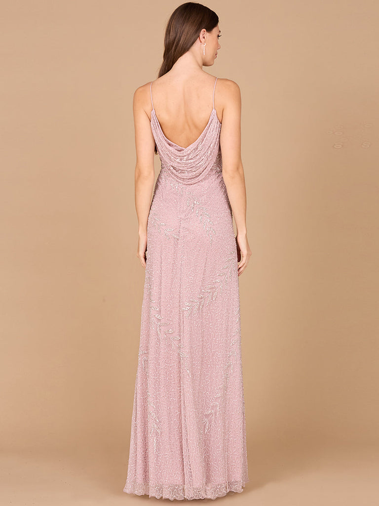 Beaded Spaghetti Strap Navy Full-Length Gown