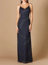 Load image into Gallery viewer, Beaded Spaghetti Strap Navy Full-Length Gown