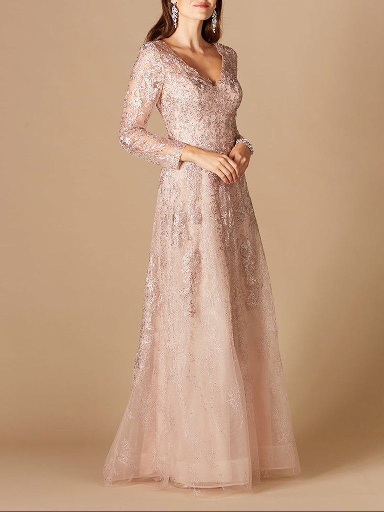 Long Sleeve V-Neck Lace Gown