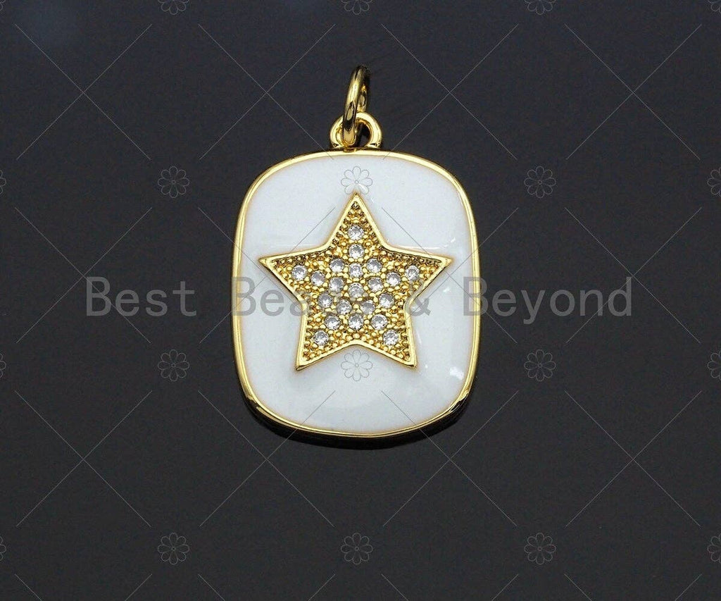 White Enamel Star Moon Evil Eye on Dog Tag Pendant,CZ Micro Pave pendant,Enamel pendant,Enamel Jewelry, 16x22mm,sku#LD05