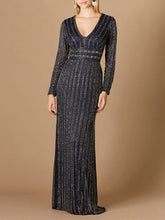 Load image into Gallery viewer, Long Sleeve Belted Beaded Gown
