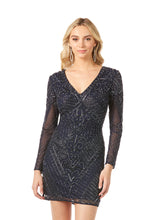 Load image into Gallery viewer, Long Sleeve V-Neck Beaded Cocktail Dress in Navy