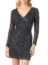 Load image into Gallery viewer, Long Sleeve V-Neck Beaded Cocktail Dress in Navy