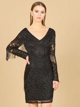 Load image into Gallery viewer, Long Sleeve Beaded V-Neck Fringe Cocktail Mini OUTLET