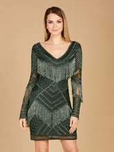 Load image into Gallery viewer, Long Sleeve Beaded V-Neck Fringe Cocktail Mini OUTLET