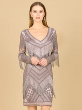 Load image into Gallery viewer, Long Sleeve Beaded V-Neck Fringe Cocktail Mini OUTLET