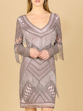 Load image into Gallery viewer, Long Sleeve Beaded V-Neck Fringe Cocktail Mini OUTLET