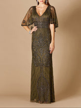 Load image into Gallery viewer, Cape Sleeve V-Neck Beaded Gown